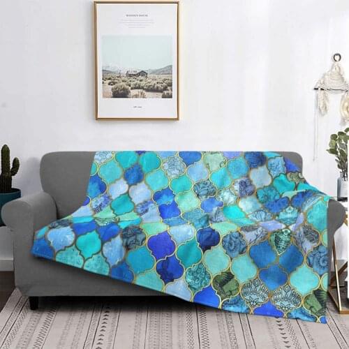 Cobalt Blue Aqua & Gold Decorative Moroccan Tile Pattern Throw Blanket Pompompurin Bed Cover 240 Love Throws