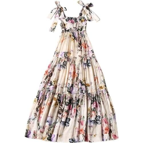 Summer Dress Cotton 2021 Womens New Flowers Print Slash Neck Slim A-Line Elegant Midi Spaghetti Strap Dress Female S-XL