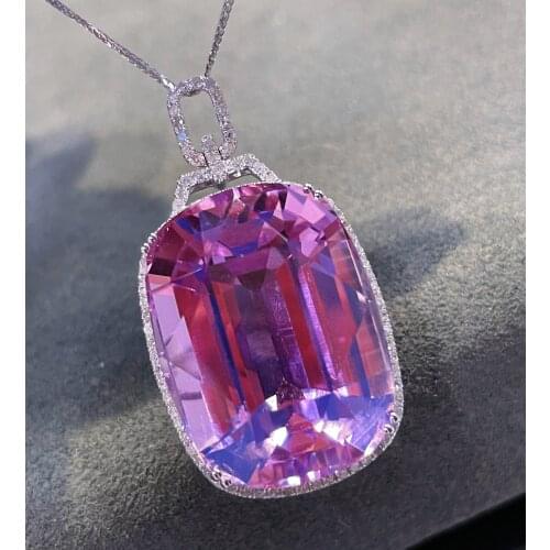 LR Fine Jewelry Real Pure 18K White Gold Jewelry 100% Natural Kunzite 45.5ct Gemstone Diamonds Pendant Neckalces for Women
