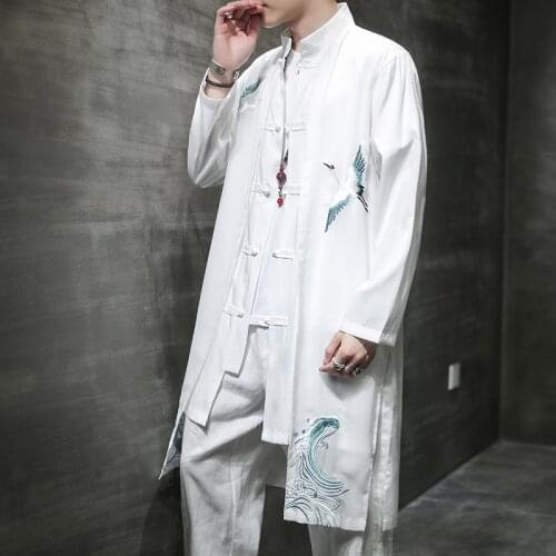 2021 Men Vintage Cotton Linen Hanfu Trench Men Fake 2 Pieces Cardigan Kimono Coat Male Long Chinese Style Black Windbreaker 5XL