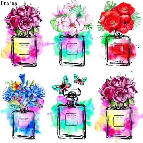Prajna Rose Flower Perfume Bottle Patches Thermo Applique Stickers On Clothes DIY Iron On Transfers For Clothing Girl T-shirt