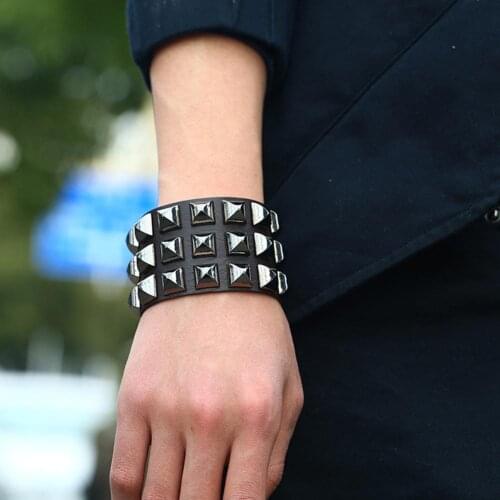 New Punk Men Women Club Square Rivet Studded Wide Cuff Faux Leather Fashion Jewelry Vintage Bangles Bracelet Punk Style