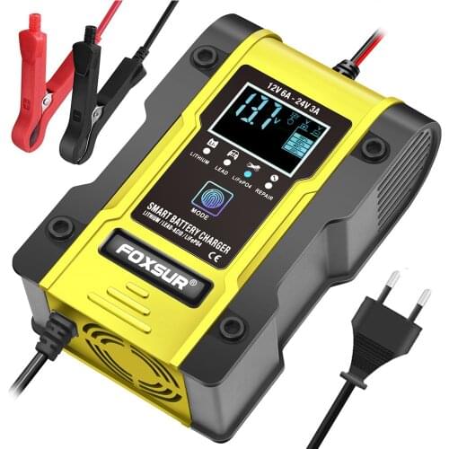 FOXSUR 12V-24V 6A Full Automatic Car Battery Charger pulse repair 7-stage lead acid lithium battery charger Digital LCD Display