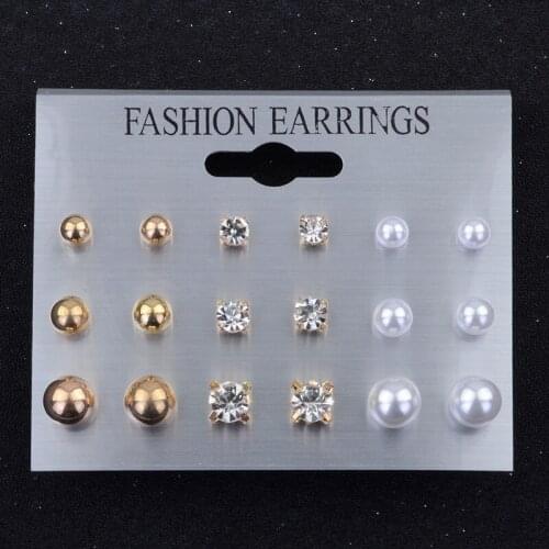 9 Pairs/Set Crystal Infinity Stud Earring For Women Men Summer Style Vintage Simulated Pearl Earrings Set