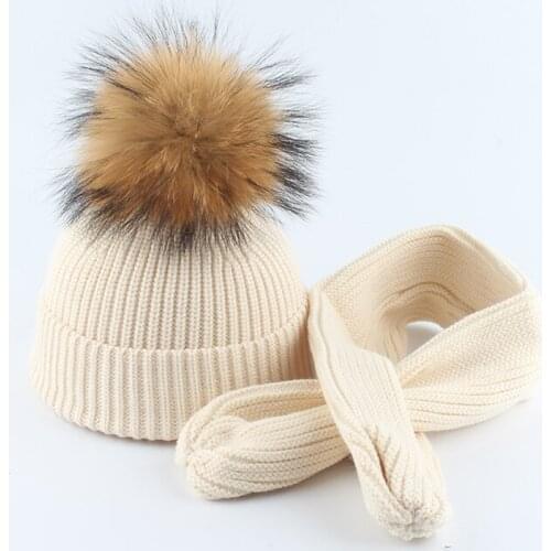 2019 Hat And Scarf For Girls Real Fur Pompom Beanie Hat Children kids Baby Cotton Cap Skullies