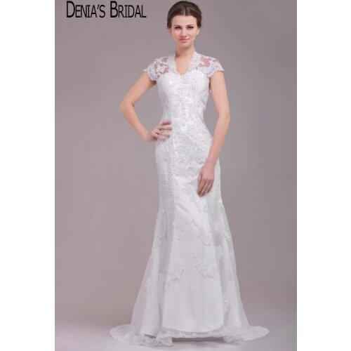 V Neck Mermaid Wedding Dresses Lace Applique Beaded Keyhole Back Court Train Bridal Gowns Custom Made