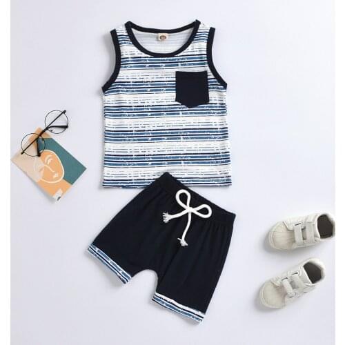 TELOTUNY Toddler Kids Baby Boys Summer Sleeveless Cotton Stripe Splice Pocket Vest Tops+Shorts Outfits Set baby clothes set