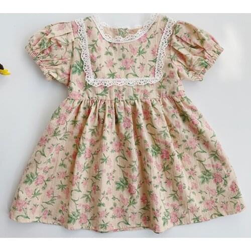 Vintage floral dress for girls clothes summer short sleeve infant kids tutu dress cotton linen toddler girls clothing children