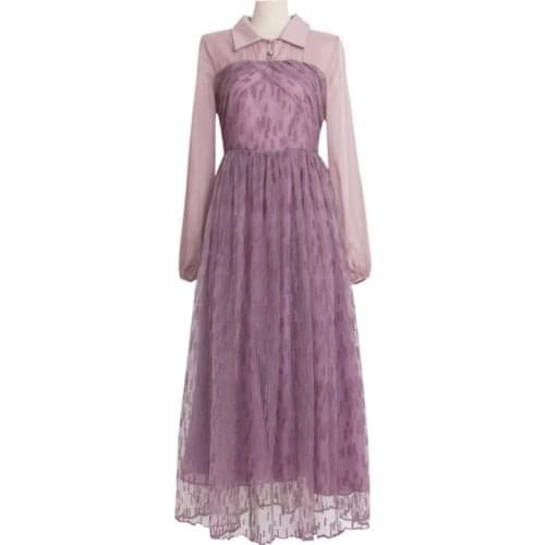 PERHAPS U Violet Dress Lavender Mesh Maxi Long Dress Ball Gown Long Sleeve Women Elegant Turn Down Collar D1230