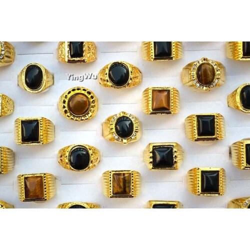 Yingwu Women Vintage Punk Tiger Eye Ring Gold Natural Stone Ring for Women Men Wedding Rings Jewelry 30pcs