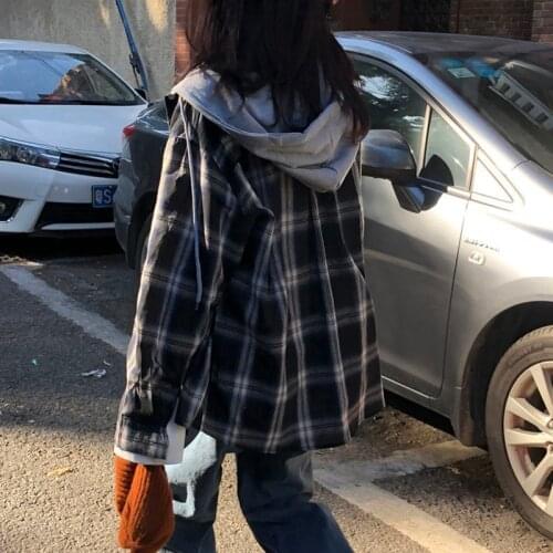 HOUZHOU Harajuku Vintage Basic Plaid Shirt Women Korean Style Oversize Long Sleeve Hooded Patchwork Casual Blouse Female Ulzzang