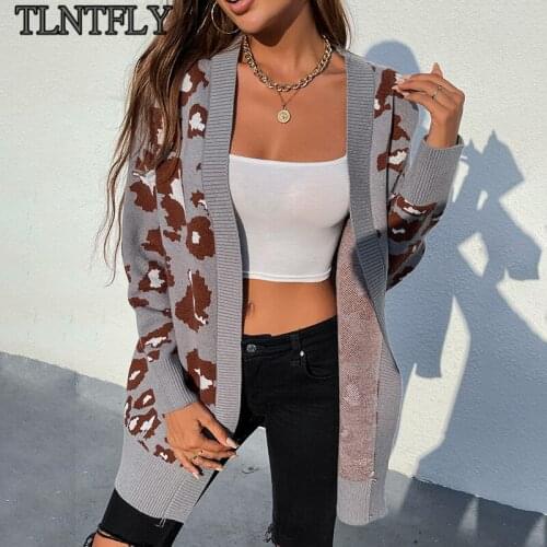 TLNTFLY Autumn/Winter Long Leopard Print Cardigan For Women Sexy Long Sleeve Knitted Sweater Fashion Coat Clothes Streetwear