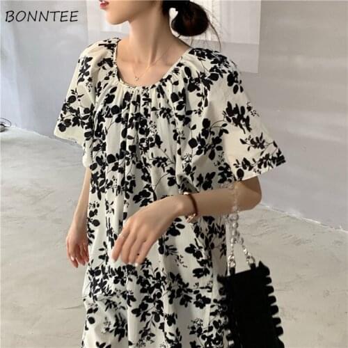 Dress Women Elegant Retro Simple Harajuku Summer Vintage Print Vestidos 2021 College Romantic Empire Ladies Holiday Sundress Ins