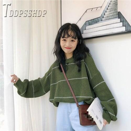 2019 Korean Stripe Knitting Fashion Women Sweater Loose Pullover Bf Style Female Sweaters