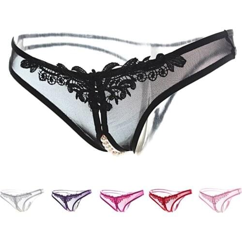 Women Sexy Lingerie Erotic Open Crotch Panties Porn Lace Transparent Underwear Crotchless Sex Wear G-string Thong With Pearl