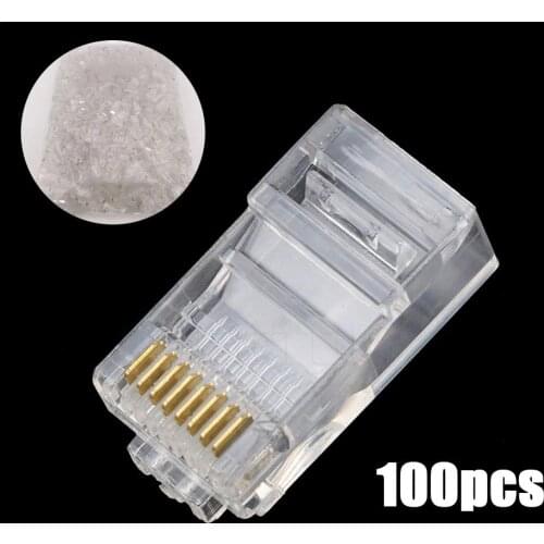 100 PCS Crystal 8P8C RJ 45 Connector Modular Ethernet Network Cable Head Plug Adapter For UTP Cat5e Cat6 Male Network Cable RJ45
