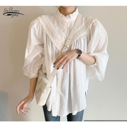 2021 Autumn Elegant Lantern Sleeve Women Blouse Office Lady Single Breasted Shirts Women Solid Plus Size Female Clothing 12040