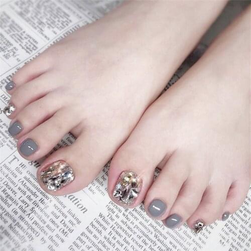 New 24pcs Full diamond Fake Toe Nail Blue-grey Toe Tips Silver Nail Powder Manicure Full Covered Summer Press On Foot Nails