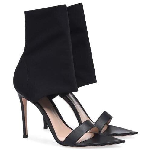 Summer Hot Red Black Elastic Cloth High Heel Sandals Boots Woman Big Size 46 Open Toe Cuts Out Slip on Short Ankle Boots Shoes