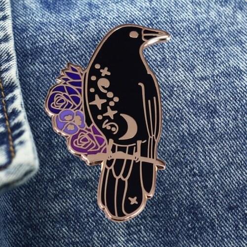 Beautiful Gothic Flower Crow Brooch Metal Enamel Lapel Badge Collect Denim Jacket Backpack Pin Children Fashion Jewelry Gifts