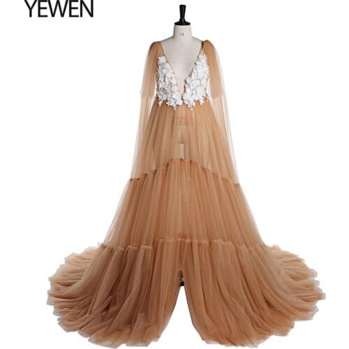Flowers Tulle Beach Evening Dress Long Deep V Neck Front Open Maternity Dresses for Photo Shoot YEWEN