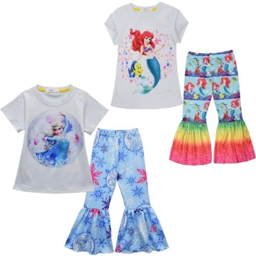Kids Clothes Girls Frozen 2 Elsa Princess T Shirt + Bell Bottoms Two Piece Set Baby Girls Mermaid Clothing Set Christmas Outfit
