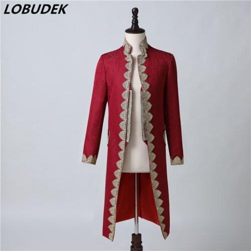 British Style Court Dress Mens Vintage Wine Red Embroidery Jacquard Blazer Long Coat Evening Party Singer Host Show Costume