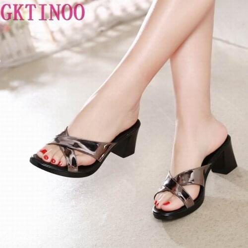 GKTINOO 2021 Summer Slippers Outside Leather Womens Mules Med Heels Shoes Woman Slides Solid Concise Female Footwear