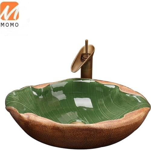 Primitive Style Handmade Irregular Ceramic Wash Basin Leaf Like Countertop Bathroom Sink