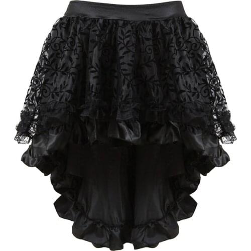 Brown Asymmetrical Floral Tulle Ruffled Satin & Lace Trim Gothic Skirts Womens Vintage Steampunk Clothing Victorian Skirt
