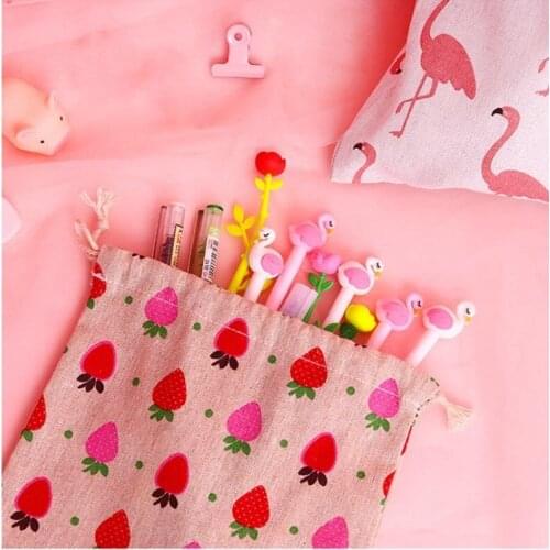 Cute Linen Drawstring Bag Girls Cartoon Strawberry Printing Travel Home Storage Bags Clothes Organizer