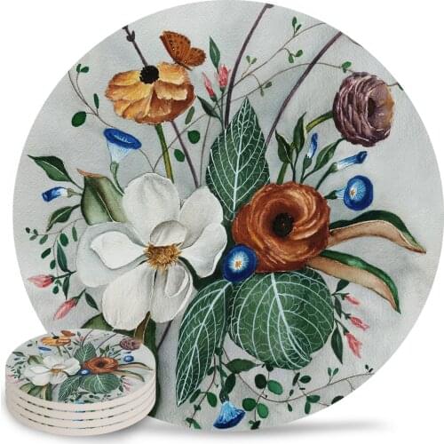 Magnolia Flower Round Coaster Set Non-slip Heat Proof Ceramic Coffee Drink Coasters Table Decoration Placemats