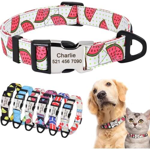 Nylon Print Dog Collar Personalized Pet Cat ID Collars Free Engraving Tag Nameplate for Small Medium Large Dogs Cats Pitbull Pug