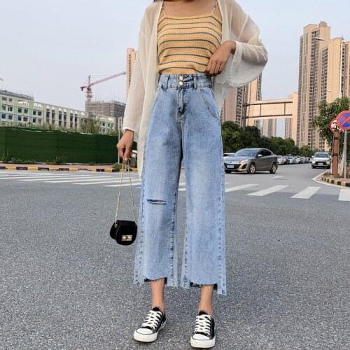 New Women Chic Fashion Ripped Hole Side Pockets Jeans Vintage High Waist Zipper Fly Denim Female Ankle Trousers Mujer