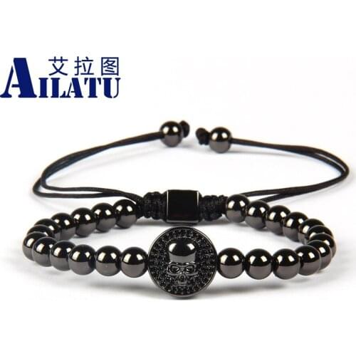 Wholesale New Brand Wholesale 6mm Beads Round Black CZ Skull Braiding Bracelet Customizable Style and Laser Printing Trademark