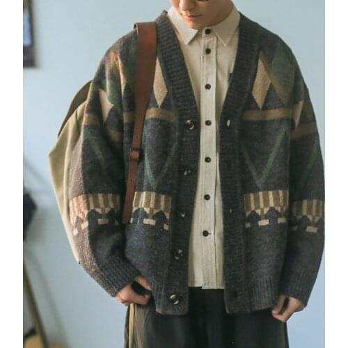 Autumn Winter Mens Print Knitted Sweater Coat Loose Ethnic V-Neck Top Knitwear Clothes Outwear Sweatercoat Cardigan