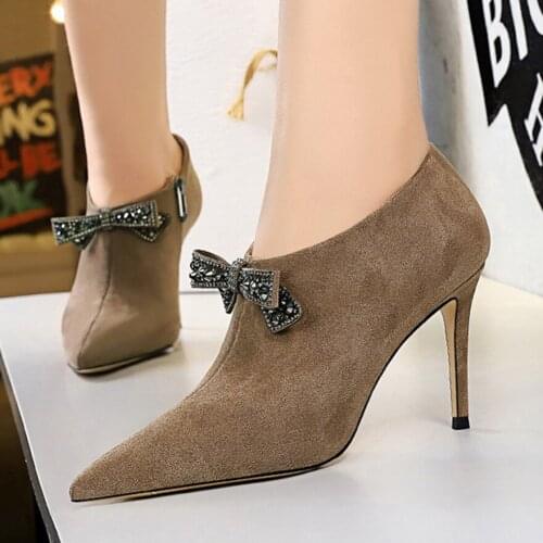 Autumn Khaki Sexy Deep Mouth Shoes Women Pumps Pointed Toe Sweet Crystal Bowtie High Heels Party Woman Flock Zipper Ankle Boots