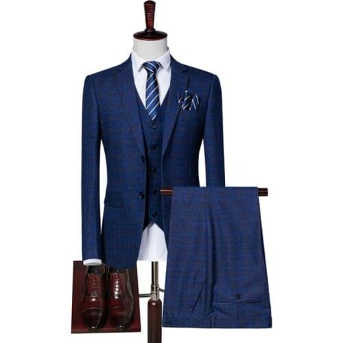 Jacket+Vest+Pants)2019 Blue Plaid Striped Mens Fashion Tuxedo Suit Mens Skinny Business Suit Costume Wedding Tailored Fit Suit