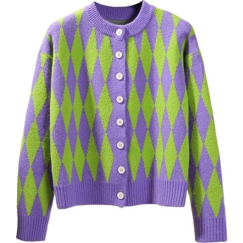 Argyle Embridery Korean Women Short Knitted Pullover Sweaters 2021 Autumn Long Sleeve Vintage Casual Female Basic Soft Crop Top