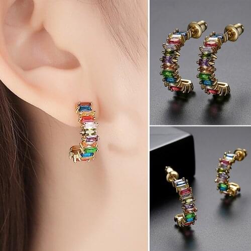 Wholesale Luxury Gold Color Earrings Flash CZ Zircon Ear Studs Colors Earrings For Women Brincos Multicolor Girls Jewelry Gift