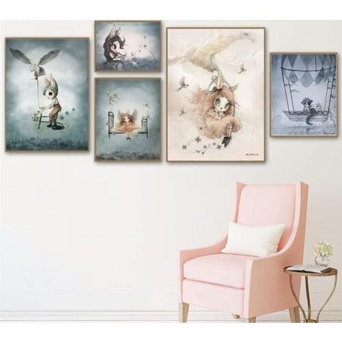 Self-adhesive Wall Stickers Home Decor Sweet Poster Wall Art Cartoon Girl Animal Abstract Watercolor Print Kid Bedroom Picture