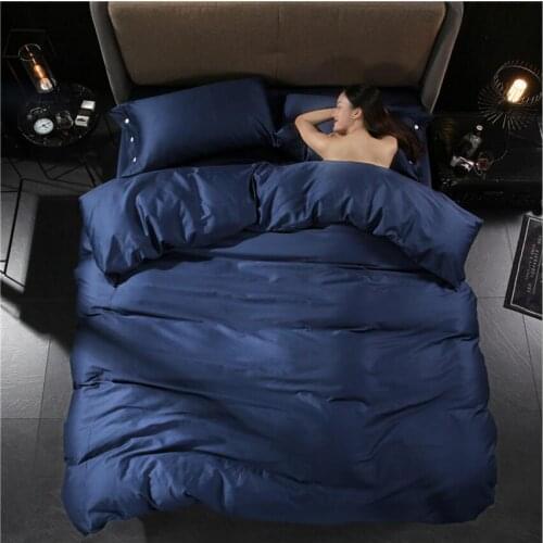 Navy Blue Cotton Home Duvet Cover Bed Sheet Pillowcase Mattress Cover 4pcs Solid Color Hotel Bedspread Bedding Set Luxury