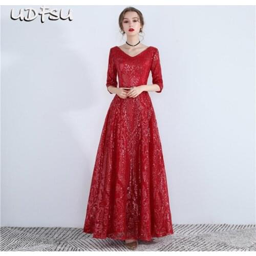 UDFSU Women V-Neck Half Sleeve Evening Dress Elegant Ankle Length Wedding Gown Lace Backless Dresses