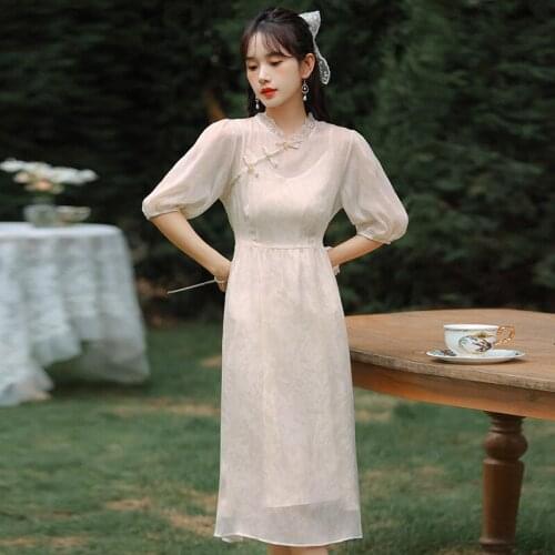 Vintage Improved Cheongsam Dress Women Summer 2021 Modern Fashion Girl Fashion Chic Retro Printed Qipao Vestido de mujer