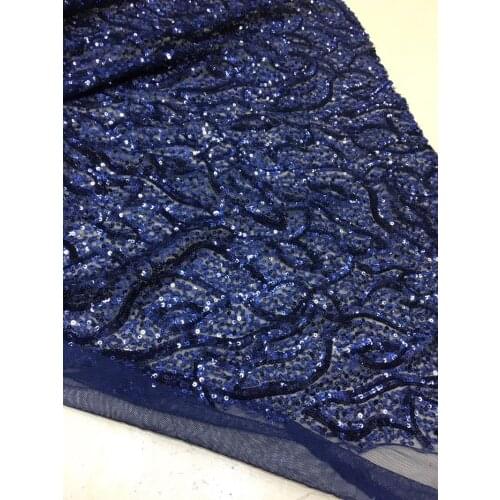 High quality dark blue African party lace fabric newest sequins mesh lace French lace with allover embroidery for dress FSQX075