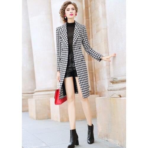 Runway 2020 print Thousand bird windbreaker womens autumn mid long 2020 double breasted coat British style coat Party Dress