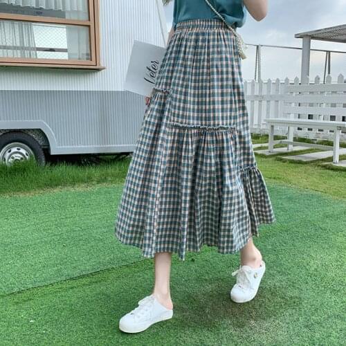 Summer Plaid Pleated Skirts Jurken Elastic High Waist Midi Long A-line Skirt Womens Harajuku Preppy Style Vintage Skirt Skater