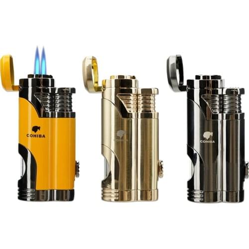 COHIBA Cigar Lighter 2 Torch Jet Flame Refillable Lighter with Cigar Punch Smoking Tool Accessories Portable Gift