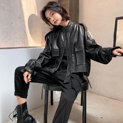 Autumn Vintage Black Loose Big Pocket Faux Leather Jacket Women Stand Collar Casual Long Sleeve Moto Biker Zipper Female Jackets