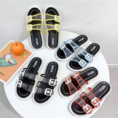 2019 new Korean fashion transparent womens shoes flat slippers female summer wild one word drag rubber soft bottom shoes
